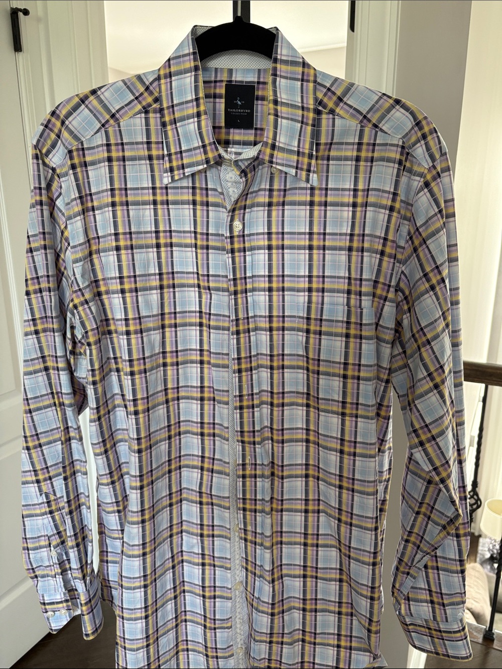 Tailorbyrd Light Blue, Yellow and Navy Plaid Button-Up Shirt